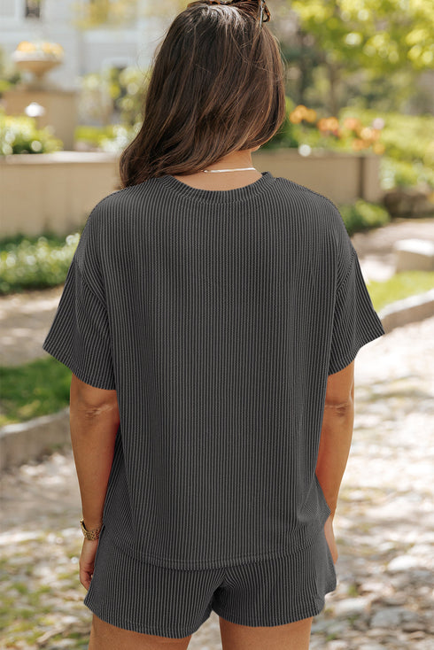 Corded Ribbed Knit Loose Fit Tee And Short Set