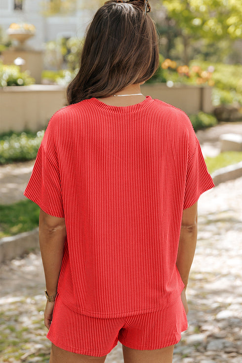 Corded Ribbed Knit Loose Fit Tee And Short Set