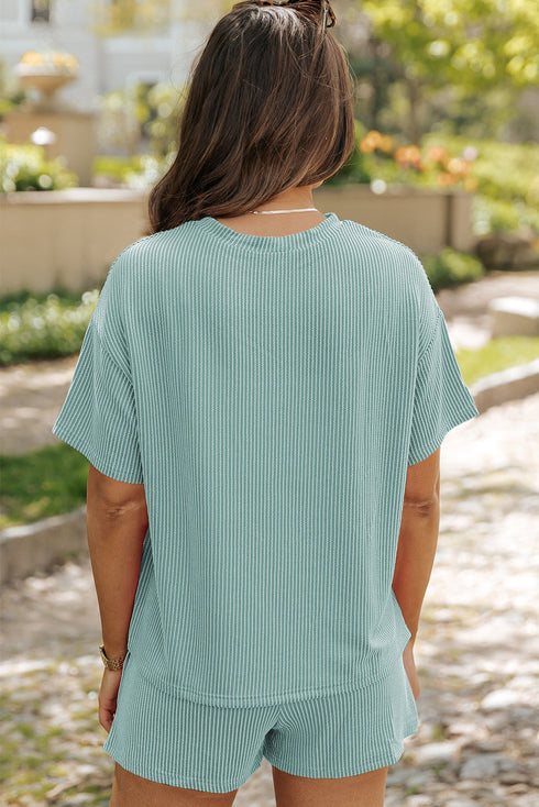 Corded Ribbed Knit Loose Fit Tee And Short Set