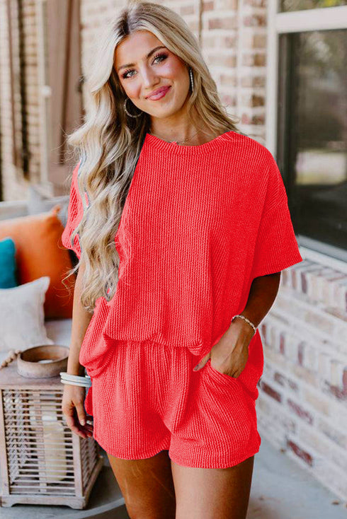 Corded Ribbed Knit Loose Fit Tee And Short Set