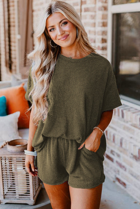 Corded Ribbed Knit Loose Fit Tee And Short Set