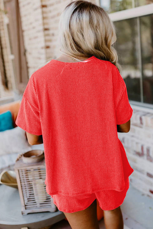 Corded Ribbed Knit Loose Fit Tee And Short Set