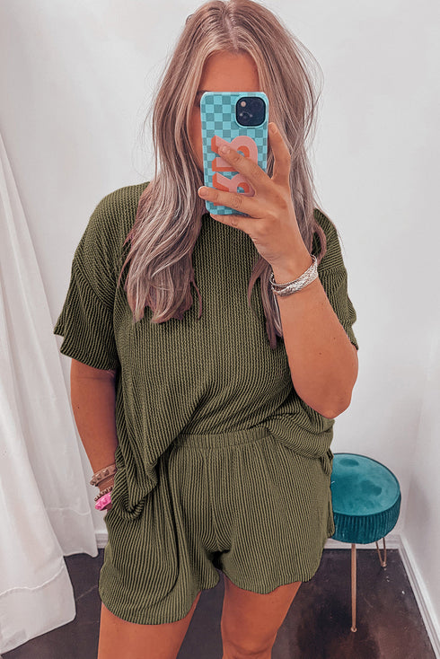 Corded Ribbed Knit Loose Fit Tee And Short Set