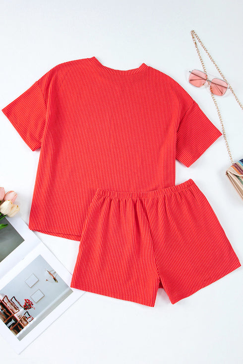 Corded Ribbed Knit Loose Fit Tee And Short Set
