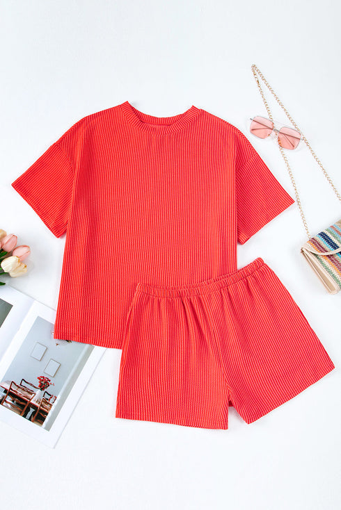 Corded Ribbed Knit Loose Fit Tee And Short Set