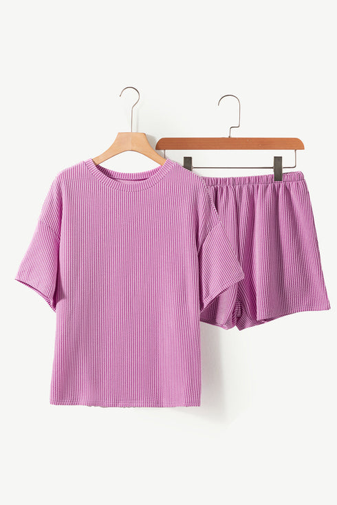 Corded Ribbed Knit Loose Fit Tee And Short Set