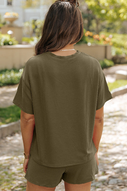 Corded Ribbed Knit Loose Fit Tee And Short Set