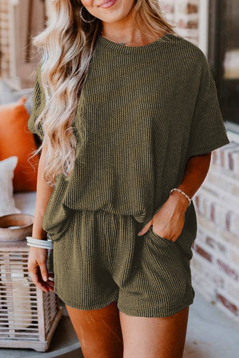 Corded Ribbed Knit Loose Fit Tee And Short Set