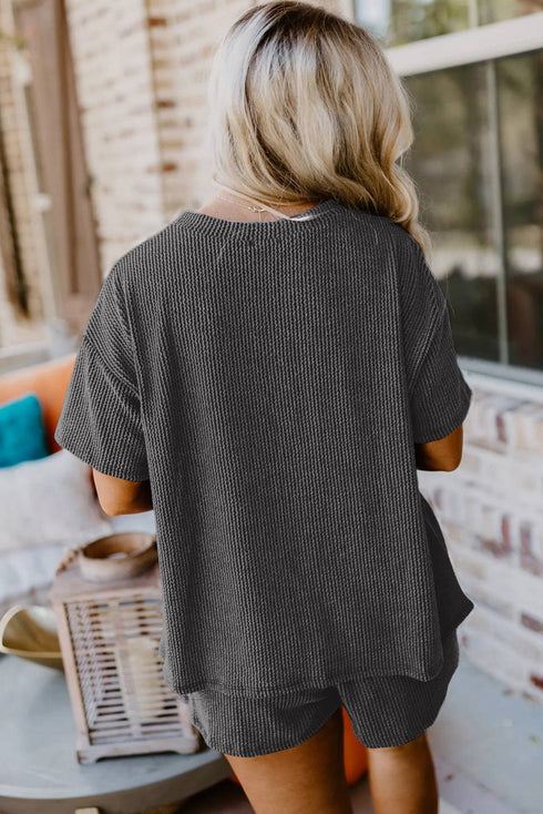 Corded Ribbed Knit Loose Fit Tee And Short Set