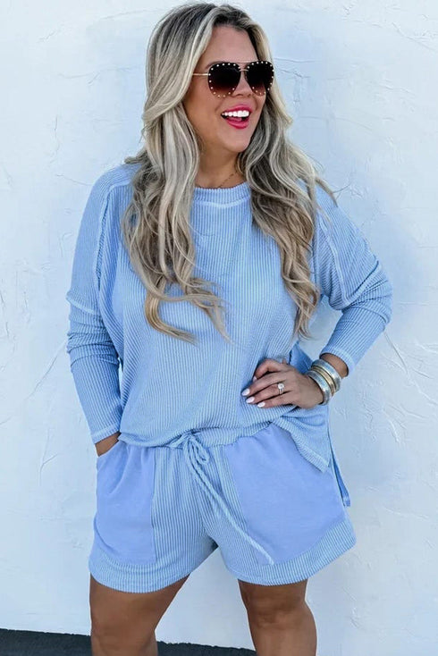 Corded Ribbed Long Sleeve Top And Shorts Loungewear Set