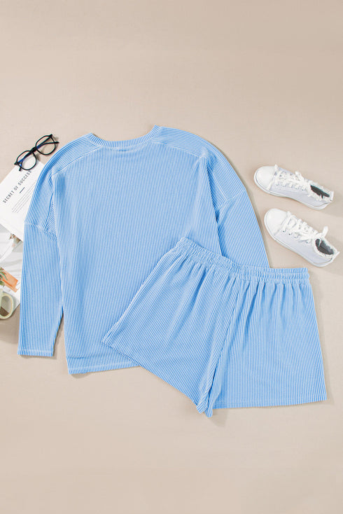 Corded Ribbed Long Sleeve Top And Shorts Loungewear Set