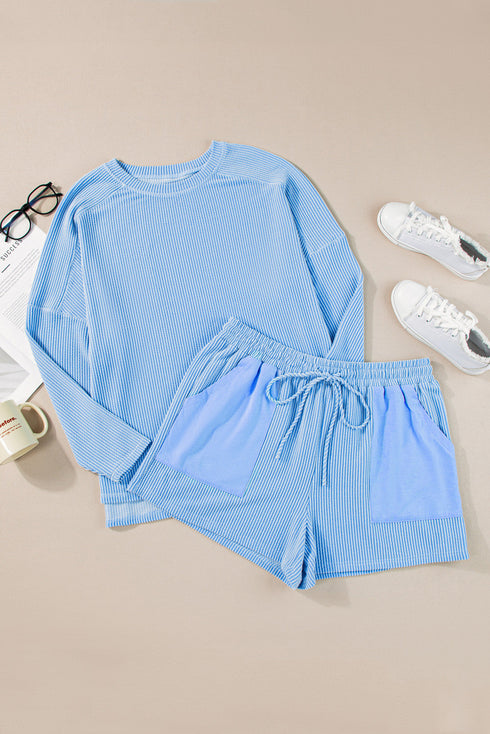 Corded Ribbed Long Sleeve Top And Shorts Loungewear Set