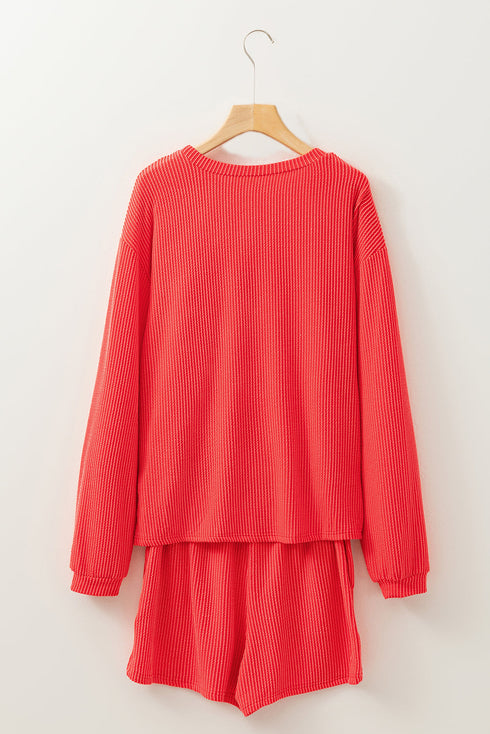 Corded Ribbed Nutcracker Graphic Long Sleeve Top Shorts Set