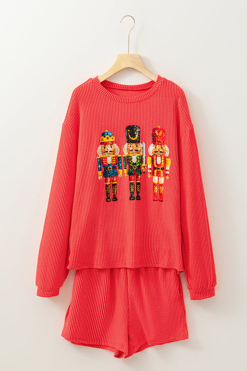 Corded Ribbed Nutcracker Graphic Long Sleeve Top Shorts Set