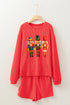 Corded Ribbed Nutcracker Graphic Long Sleeve Top Shorts Set