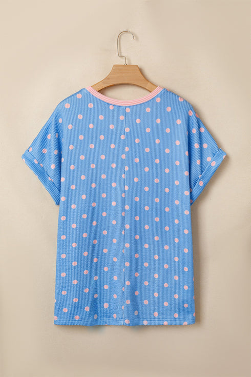 Corded Ribbed Polka Dot Cuffed Short Sleeve Top