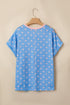 Corded Ribbed Polka Dot Cuffed Short Sleeve Top