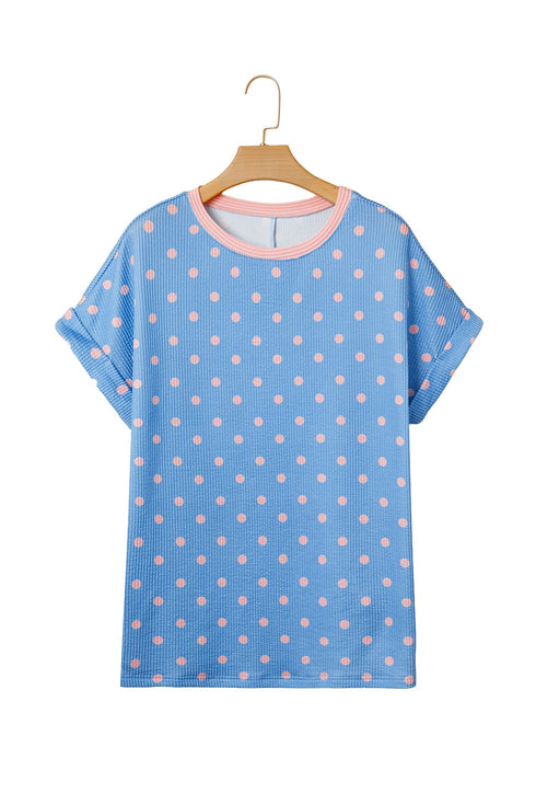 Corded Ribbed Polka Dot Cuffed Short Sleeve Top