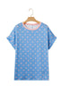 Corded Ribbed Polka Dot Cuffed Short Sleeve Top