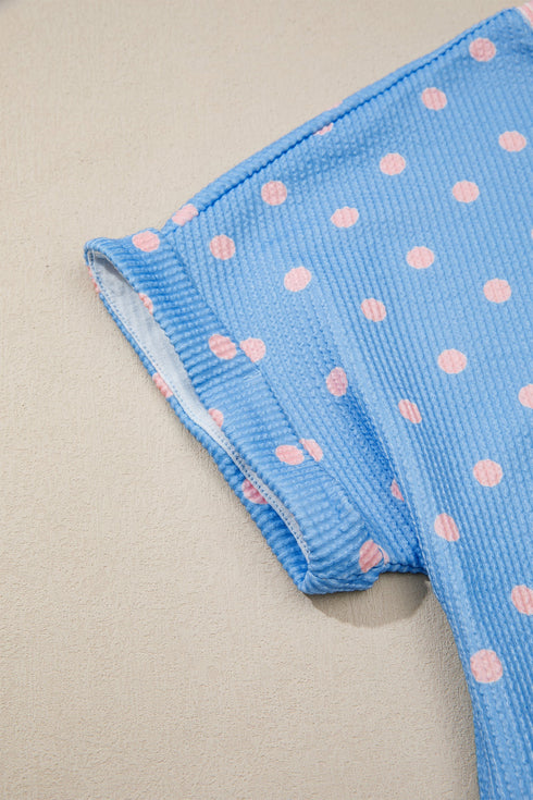 Corded Ribbed Polka Dot Cuffed Short Sleeve Top
