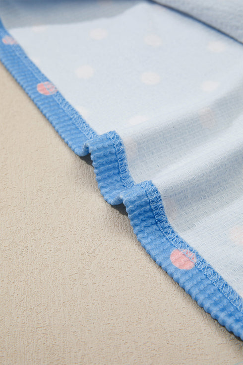 Corded Ribbed Polka Dot Cuffed Short Sleeve Top