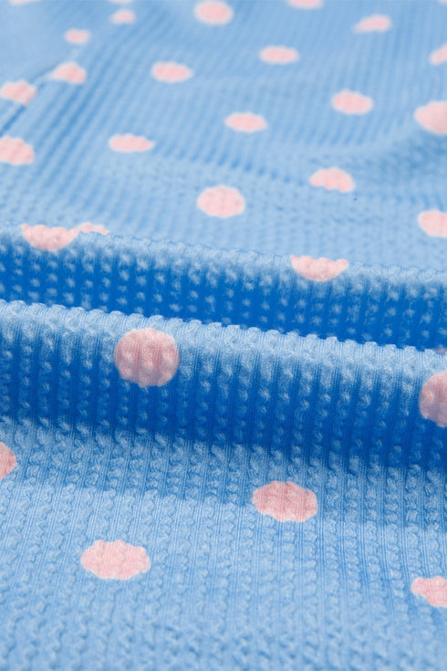 Corded Ribbed Polka Dot Cuffed Short Sleeve Top
