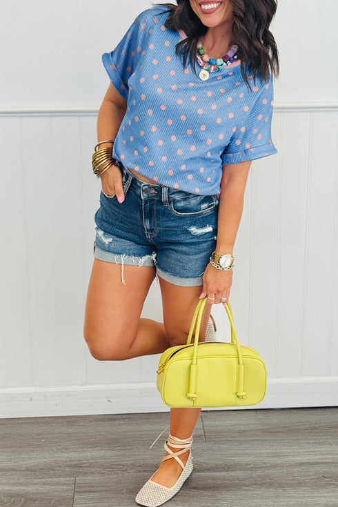 Corded Ribbed Polka Dot Cuffed Short Sleeve Top