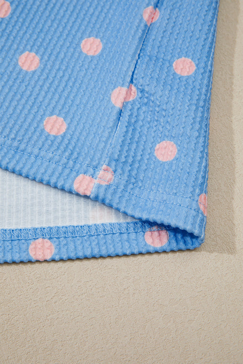Corded Ribbed Polka Dot Cuffed Short Sleeve Top