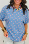 Corded Ribbed Polka Dot Cuffed Short Sleeve Top