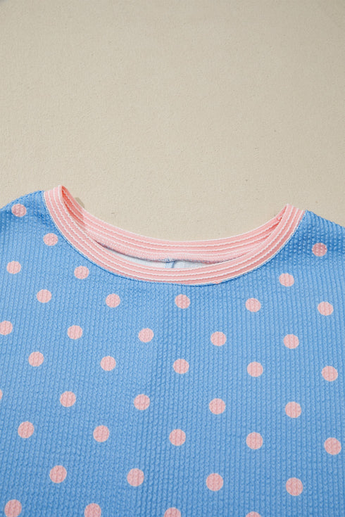 Corded Ribbed Polka Dot Cuffed Short Sleeve Top