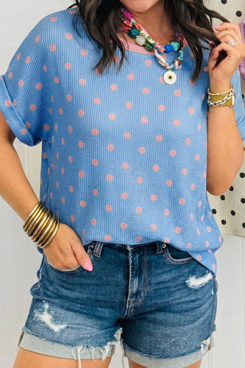 Corded Ribbed Polka Dot Cuffed Short Sleeve Top