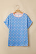 Corded Ribbed Polka Dot Cuffed Short Sleeve Top