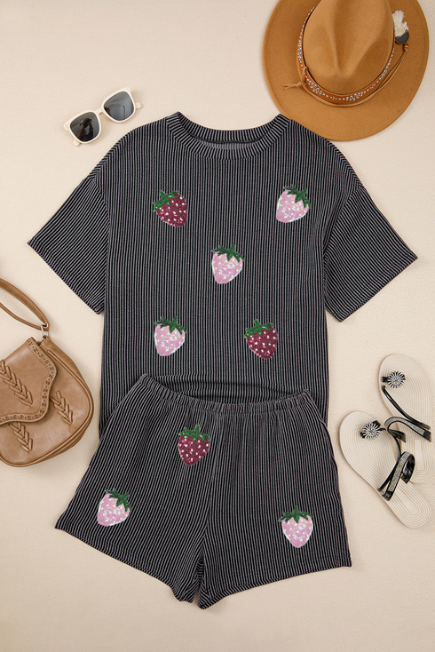 Corded Ribbed Strawberry Patch Sequin Two Piece Graphic Set