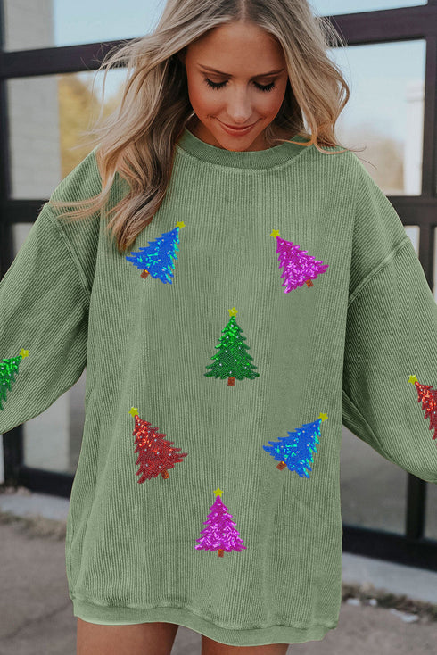 Corded Sequin Christmas Tree Patch Oversized Sweatshirt