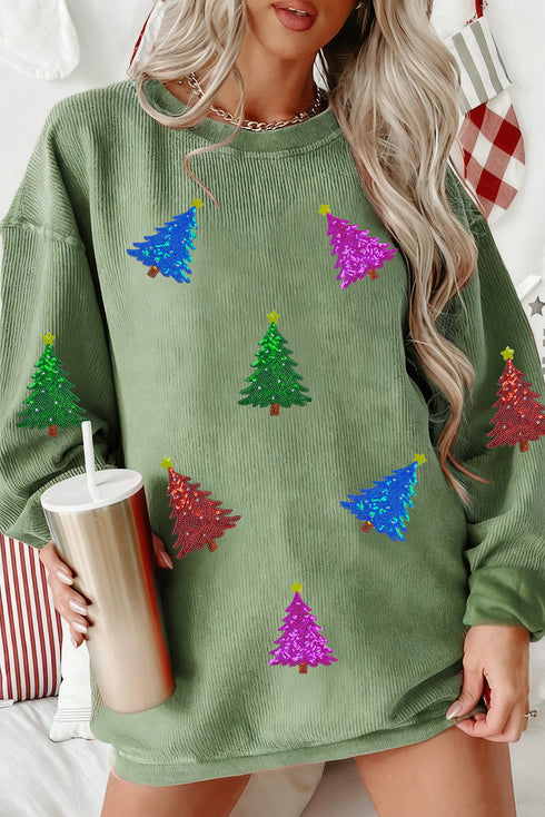 Corded Sequin Christmas Tree Patch Oversized Sweatshirt