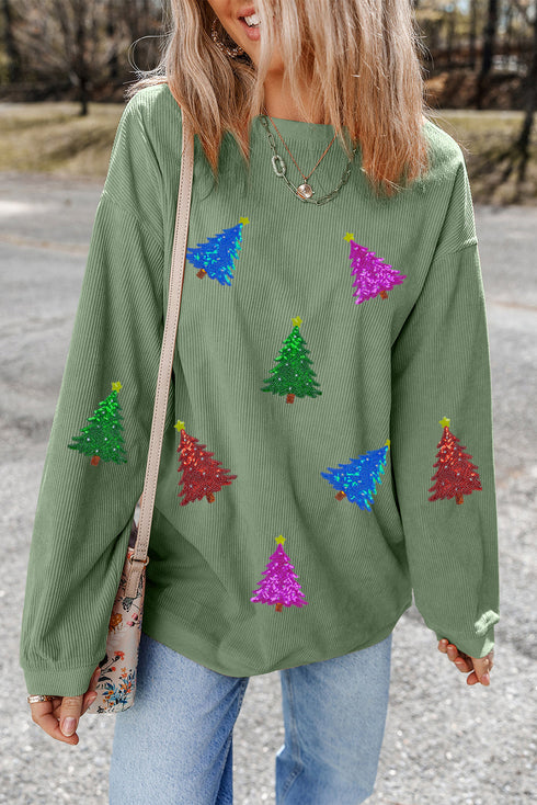 Corded Sequin Christmas Tree Patch Oversized Sweatshirt