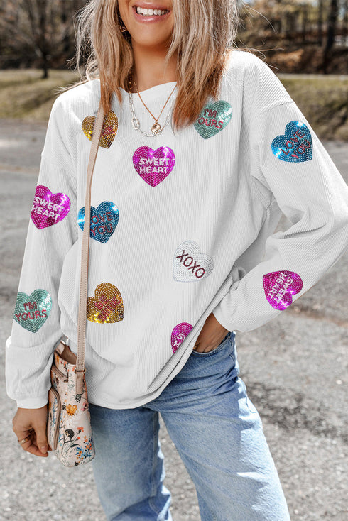 Corded Sequin Heart Patch Oversized Tunic Pullover