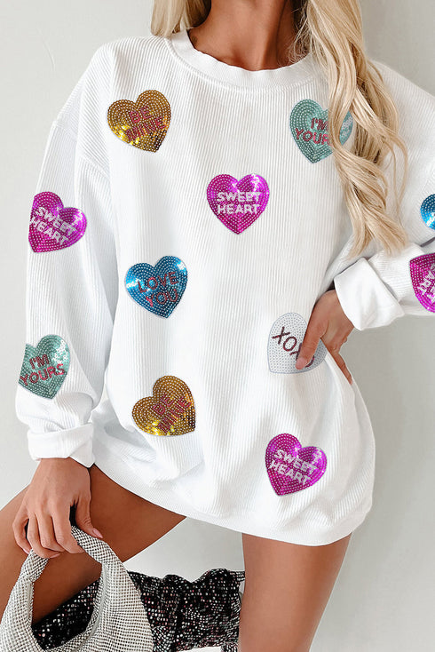 Corded Sequin Heart Patch Oversized Tunic Pullover