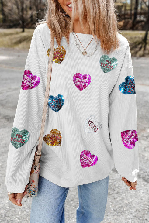 Corded Sequin Heart Patch Oversized Tunic Pullover
