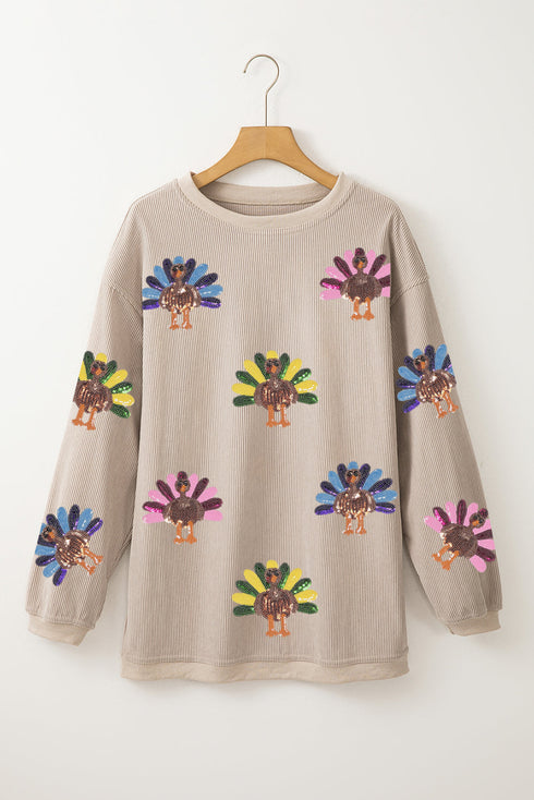 Corded Sequin Turkey Graphic Oversized Long Sleeve Sweatshirt