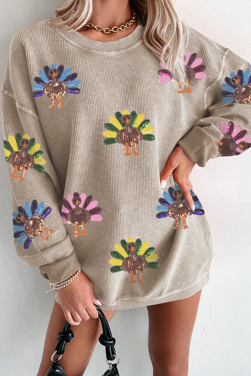 Corded Sequin Turkey Graphic Oversized Long Sleeve Sweatshirt