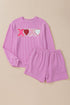 Corded Sequined Heart Letter Long Sleeve Shorts Graphic Sets