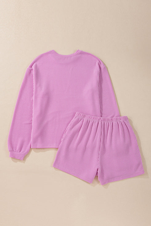Corded Sequined Heart Letter Long Sleeve Shorts Graphic Sets
