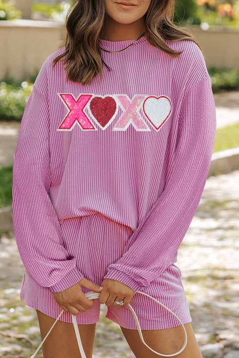Corded Sequined Heart Letter Long Sleeve Shorts Graphic Sets