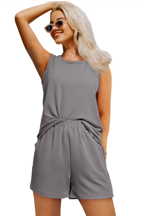 Corded Sleeveless Top and Pocketed Shorts Set