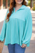 Corded Texture Collared Balloon Sleeve Babydoll Long Sleeve Top