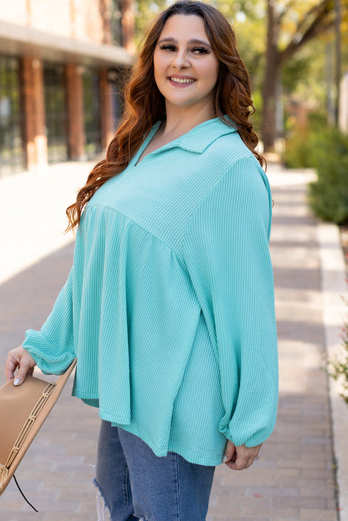 Corded Texture Collared Balloon Sleeve Babydoll Long Sleeve Top
