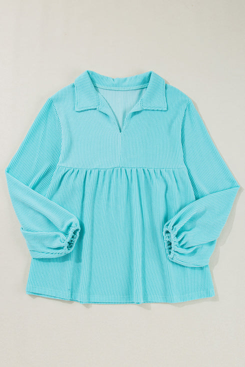 Corded Texture Collared Balloon Sleeve Babydoll Long Sleeve Top