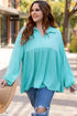 Corded Texture Collared Balloon Sleeve Babydoll Long Sleeve Top