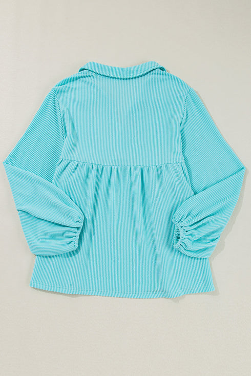 Corded Texture Collared Balloon Sleeve Babydoll Long Sleeve Top
